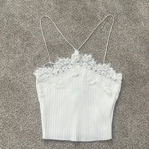 Zara Womens White Lace Trim Rib Halter Tank Top size Small NEW NWT